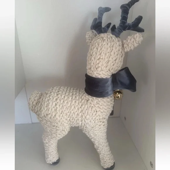 Wellesley Manor Holiday Braided Rope Reindeer  Blue Velvet Bow & Gold Bells - Picture 3 of 6